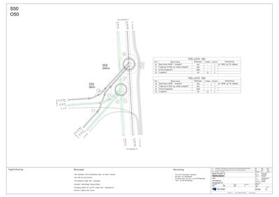 Kart over et veikryss med rundkjøring, veisystem og tilhørende teknisk informasjon.