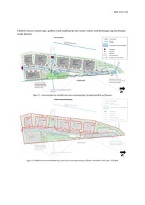 Situasjonsplaner (Overvannsplan og Detalj overvannshåndtering) som viser vannrennesystemet, flomveier, og plassering av bygninger i forhold til dem.