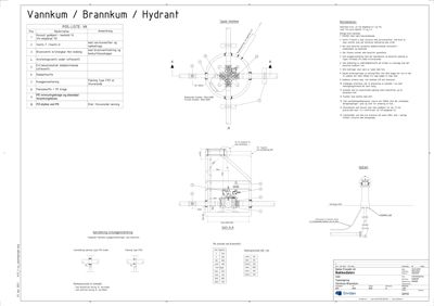 En teknisk tegning som viser detaljer for vannpumpe, brannpumpe og hydrant, inkludert pos-liste, bestemmelsar, snitt og dimensjoner.
