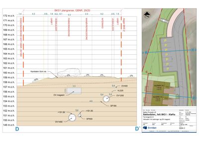 Snittegning som viser etasjehøyder, terrengprofil, plassering av kjørespor, vegvann og bygninger sett i tverrsnitt.