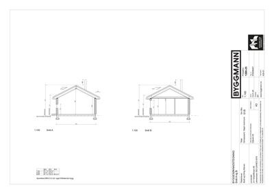 Tegning som viser tverrsnitt (snitt) av en bygning sett fra siden, med angitte mål og konstruksjonsdetaljer.