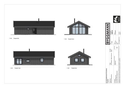 Fasadetegninger for en bygning, vist fra fire sider (Øst, Nord, Vest, Sør) med skala 1:100.