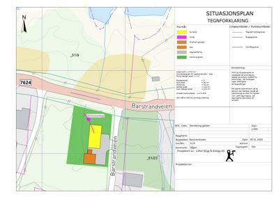 Situasjonsplan som viser tomtens beliggenhet, grenser, bebyggelse og infrastruktur.