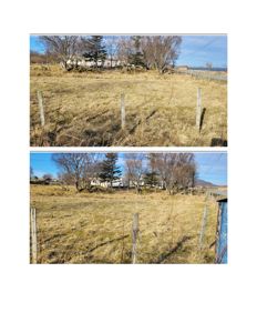 Fotografier av et tomt eller byggefelt med gress, hekk, trær og nabolag i bakgrunnen.