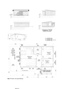 Bildet viser en detaljert etasjeplan (romplan) for en bolig, med romnavn, arealer og dimensjoner. Øverst på siden er det også inkludert mindre fasadetegninger for samme bygning.