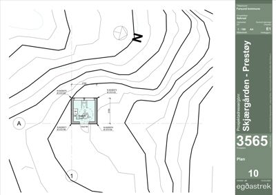 Situasjonsplan som viser bygningens plassering i forhold til terrenget (konturlinjer) og nabolag.