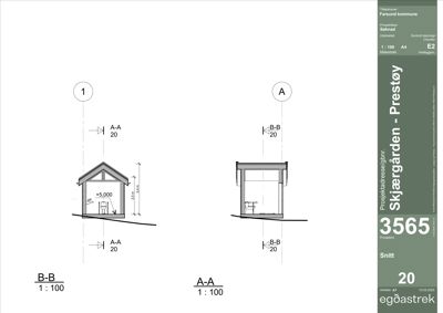 Snittegning (A-A og B-B) som viser bygningens tverrsnitt, høyder og konstruksjon.