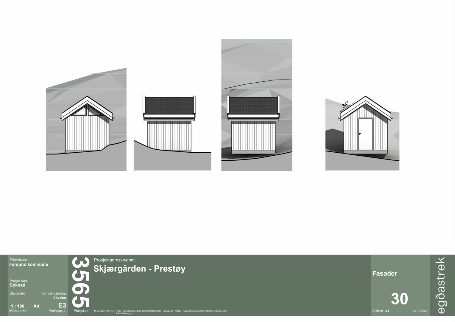 Fasadetegning som viser fire ulike vinkler av en liten hytte eller uthus.