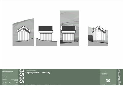 Fasadetegning som viser fire ulike vinkler av en liten hytte eller uthus.