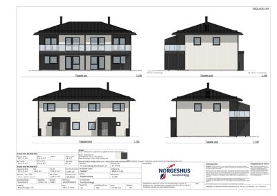 Fasadetegning som viser bygningens utseende fra fire sider (sør, øst, nord og vest) med mål og detaljer.