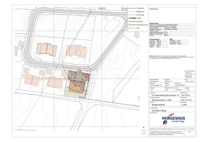 Situasjonsplan som viser tomt, bygninger, vegger, og byggegrenser for et boligprosjekt.