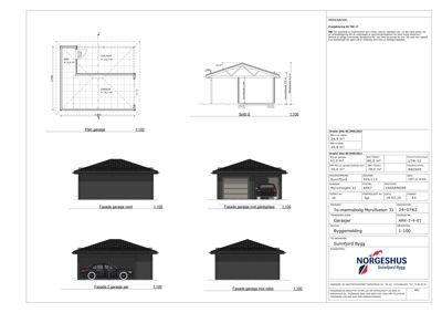 Fasadetegninger for en garasje sett fra ulike vinkler (nord, mot plattform, sør, mot nabo) med mål og detaljer.