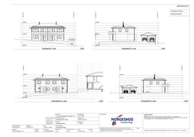 Fasadetegning (opprikk) som viser bygningens utseende fra fire ulike vinkler (sør, øst, nord, vest) i forhold til terrenget.