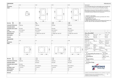 Teknisk detaljtegning for vindusdeler (V-01 til V-08) med spesifikasjoner for størrelse, farge, glass og ramme.