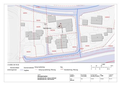 Situasjonsplan som viser eiendomsflater, eiendomsgrenser, vegforhold og plassering av bygninger i området.