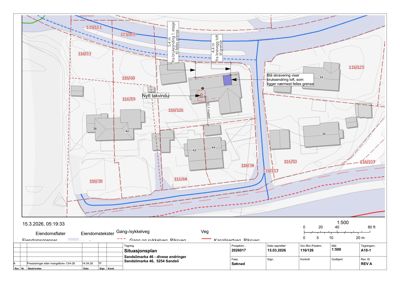 Situasjonsplan som viser eiendomsnummer, bygninger, vegsystem og arealbruk i området.