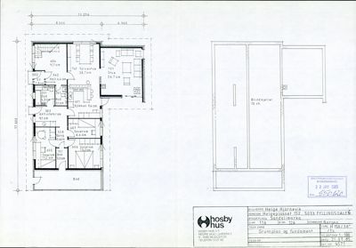 Bildet viser en plantegning (grunnplan) med romfordeling, mål og en separat tegning for blindkjeller.