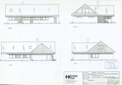 Fasadetegning som viser bygningens utsyn fra fire sider (Nord, Vest, Syd, Øst).