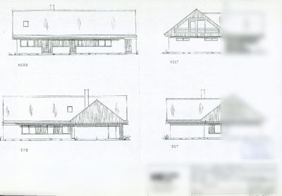 Fasadetegning som viser bygningens utsyn fra fire sider (Nord, Vest, Syd, Øst).