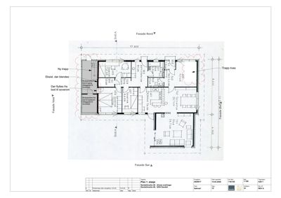 Etasjeplan (Plan 1. etasje) som viser romfordeling, dimensjoner og endringer i en bolig.