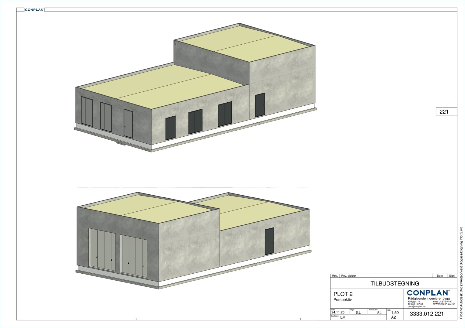 Perspektivtegning (rendering) av en bygning sett fra to ulike vinkler.