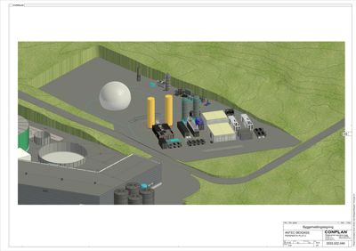 3D-visualisering (rendering) av en biogassanlegg (ANTEC BIOGASS) sett fra en vinkel som viser både bygninger, anlegg og omgivende terreng.