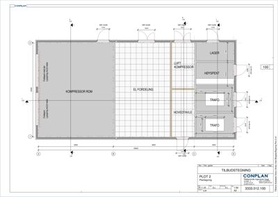 Plantegning (tilbudstegning) som viser romfordeling og dimensjoner for et bygg, inkludert kompressorrom, el-fordeling og trafostasjoner.