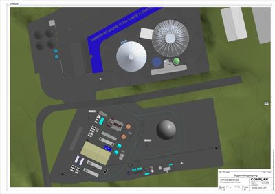 Situasjonsplan for en biogassanlegg (ANTEO BIOGASS) som viser tomtens topografi, plassering av bygninger, anlegg og infrastruktur.