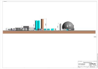 Byggemeldingstegning som viser et oppriss (fasade) av en industriell anlegg med høydeangivelser.