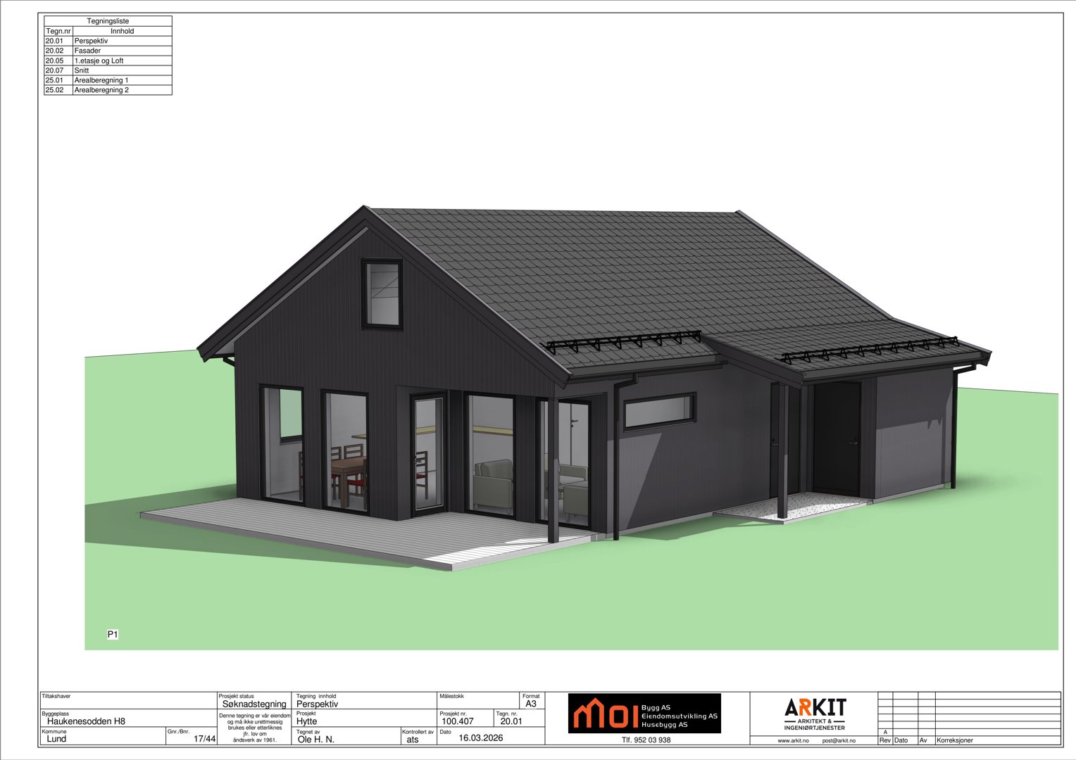 3D-visualisering av en husfasade med omgivelser