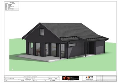 3D-visualisering av en husfasade med omgivelser