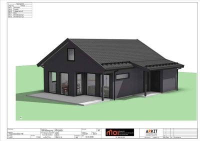 3D-visualisering av en husfasade med omgivelser