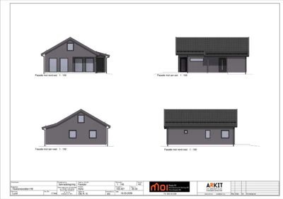 Fasadetegning som viser bygningens utseende fra fire ulike vinkler (nord-øst, sør-øst, sør-vest og nord-vest).