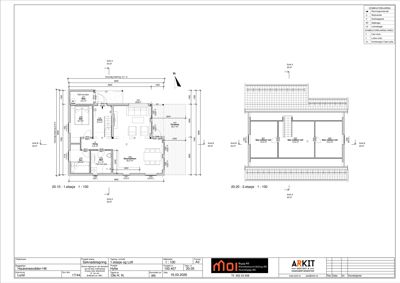 Plantegning som viser romfordeling og dimensjoner for 1. etasje (venstre) og 2. etasje (høyre).