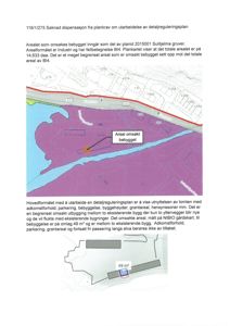 Bildet viser en situasjonsplan (plankart) som illustrerer et bebygd areal (industri) i forhold til en elv og nabolag. Det er også inkludert en mindre detaljtegning av det omsøkte bebyggelsesområdet.