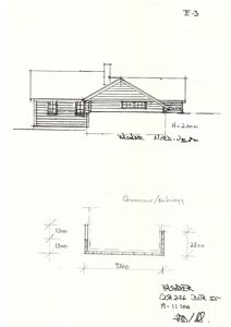 Bildet viser en tegning av en fasade (opprikk) på en bygning, med mål og orientering (Nord/Øst).