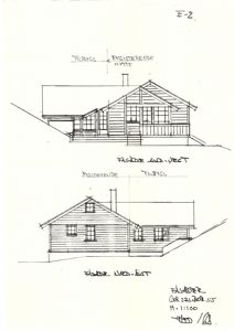 Tegning som viser fasader (oppsett) av en bygning, med merking av eksisterende og tilbygg.