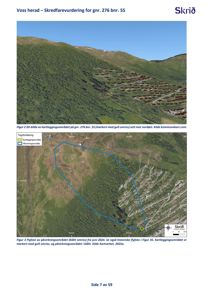 Bildet viser en 3D-visualisering (øvre del) og et flyfoto (nedre del) av et kartleggingsområde i Voss herad, inkludert et gult og blått omriss.