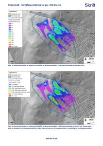 Kart som viser simulerte skredveier og skadepotensial for et kartleggingsområde i Voss herad.
