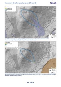 Kart som viser skredfarevurdering for et område i Voss herad, med overlagte aktsomhetsområder for jord- og flomskred samt steinsprang.