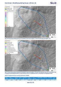 Kart som viser simulerte flomskred i et kartleggingsområde, med overlagte data om hastighet, energitap og skadevirkning.