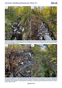 Fotografier av et bekkeløp og skredfare i Voss herad, inkludert beskrivende tekster om infopunkter og observasjoner.