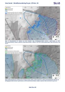 Kart som viser skredfarevurdering for et område i Voss herad, med overlagte kartleggingsområder og skredområder.