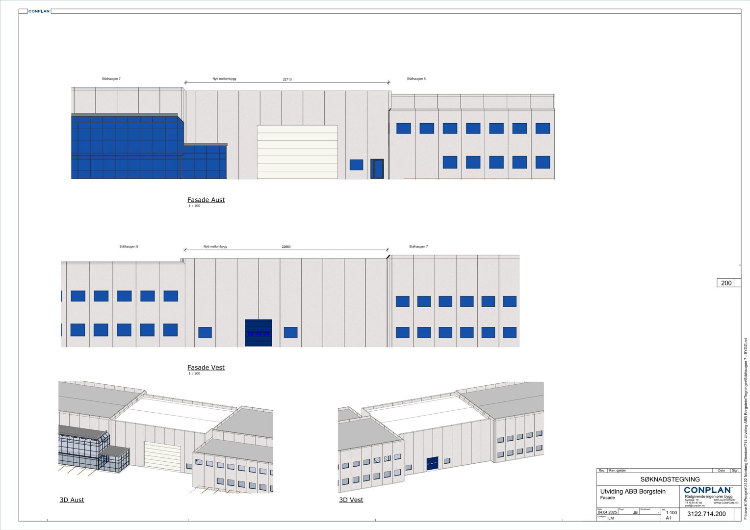 Fasadetegning med oppriss av bygningens front (Aust og Vest) samt 3D-visualiseringer av samme fasader.