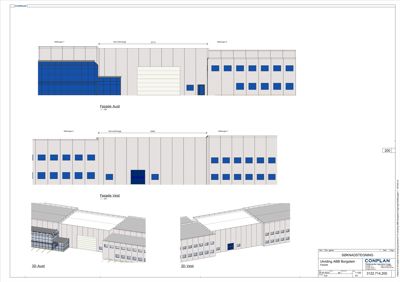 Fasadetegning med oppriss av bygningens front (Aust og Vest) samt 3D-visualiseringer av samme fasader.
