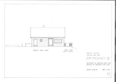 Fasadetegning som viser fronten av en bygning sett fra nord.