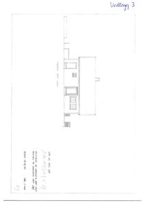 En tegning som viser fasaden på en bygning sett fra siden.