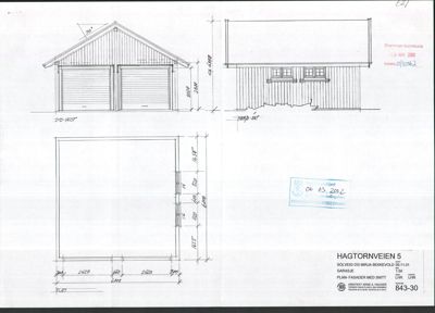 Bildet viser en tegning med fasadeopprikk og snitt av en garasje.