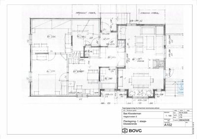 Etasjeplan (1. etasje) av en eksisterende bygning med romfordeling og mål.