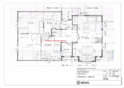 Etasjeplan (1. etasje) med romfordeling, mål og notasjoner om endringer.